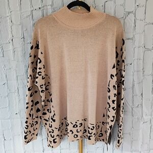 Women's Size MEDIUM Side Slit Cheetah Print Sweater High Neck Long Sleeve NEW